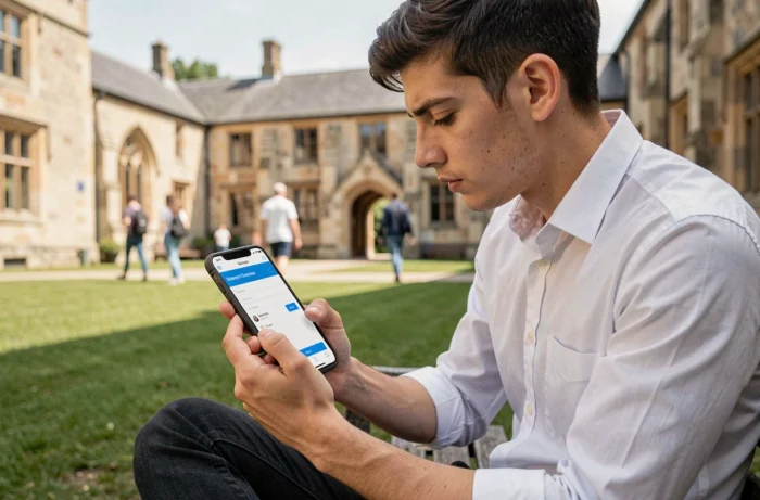 Étudiant accédant à sa boîte mail Zimbra Upsud depuis un smartphone dans la cour d'une université