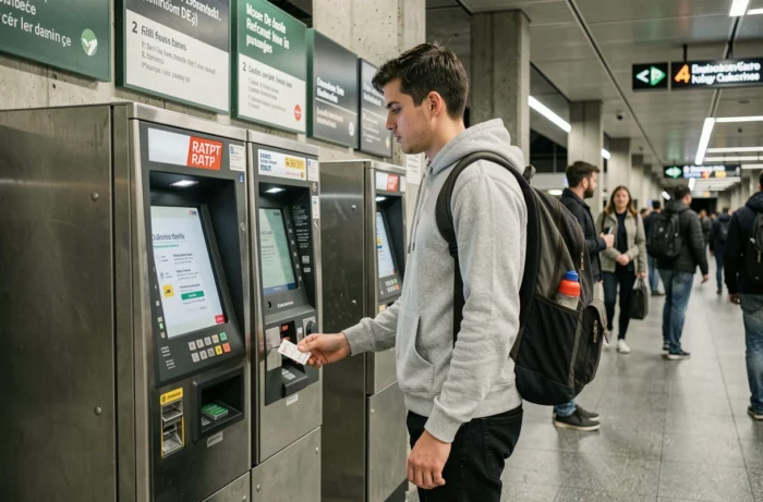 Étudiant achetant un ticket à tarif réduit à une borne RATP dans une gare RER