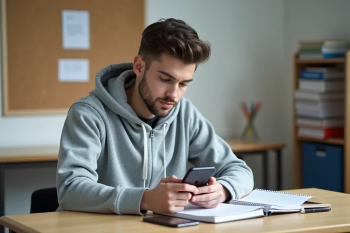 Étudiant masculin configurant la messagerie Zimbra Unicaen sur iPhone dans une chambre universitaire
