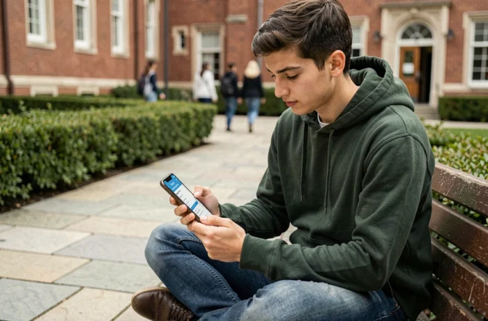 Étudiant consultant la messagerie académique de l'académie de Créteil sur son smartphone dans la cour d'un campus universitaire