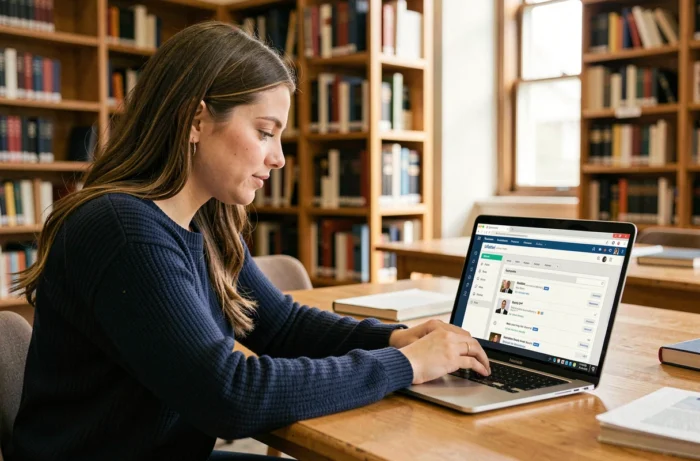 Étudiante consultant sa messagerie Zimbra Upsud sur un ordinateur portable dans une bibliothèque universitaire