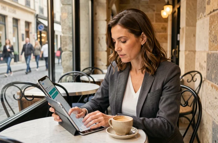 Une femme française expatriée faisant une demande de crédit en ligne depuis un café à l'étranger