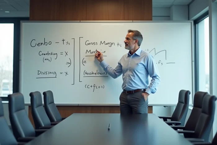 Cadre d'entreprise expliquant la différence entre marge brute et marge contributive sur un tableau blanc en salle de réunion