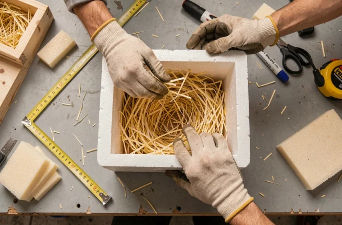 Mains gantées garnissant de paille un abri isolant fait maison pour chat errant, sur un établi avec outils de bricolage