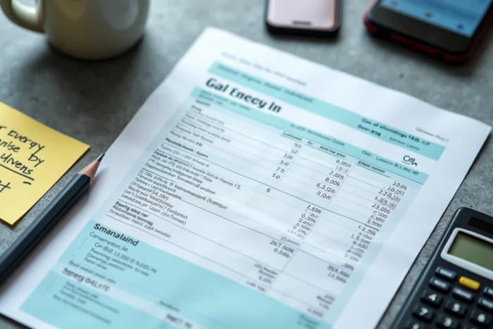 Facture de gaz avec conversion de m3 en kWh et calculatrice sur un bureau