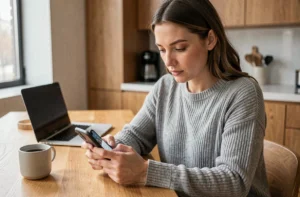 Femme consultant l'actualité du jour sur son smartphone le matin dans une cuisine moderne