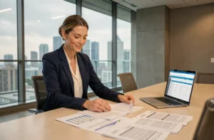 Femme d'affaires professionnelle analysant des contrats de financement d'équipements dans une salle de conférence moderne