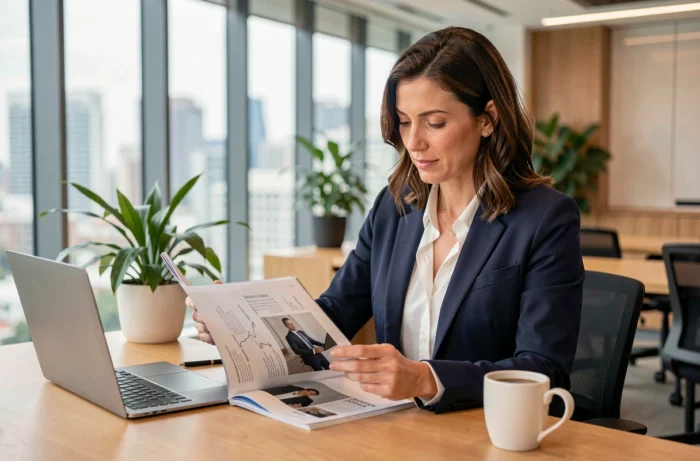 Femme d'affaires consultant une revue professionnelle dans un bureau moderne pour prendre des décisions stratégiques