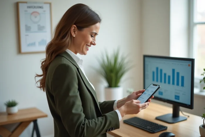 Femme auto-entrepreneur consultant une application de facturation mobile dans un studio professionnel minimaliste