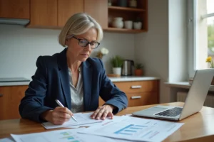 Femme consultant des documents de prêt immobilier pour calculer le gain d'une renégociation de crédit