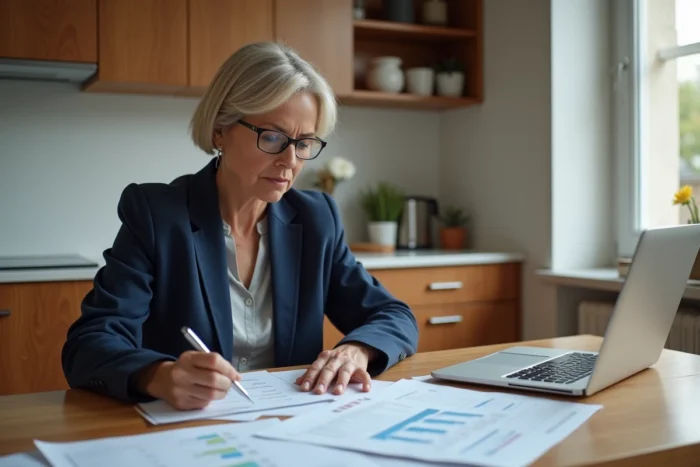 Femme consultant des documents de prêt immobilier pour calculer le gain d'une renégociation de crédit