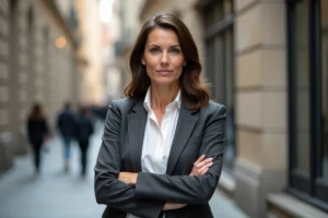 Femme confiante aux traits déterminés en blazer gris dans un cadre urbain, illustrant le caractère fort