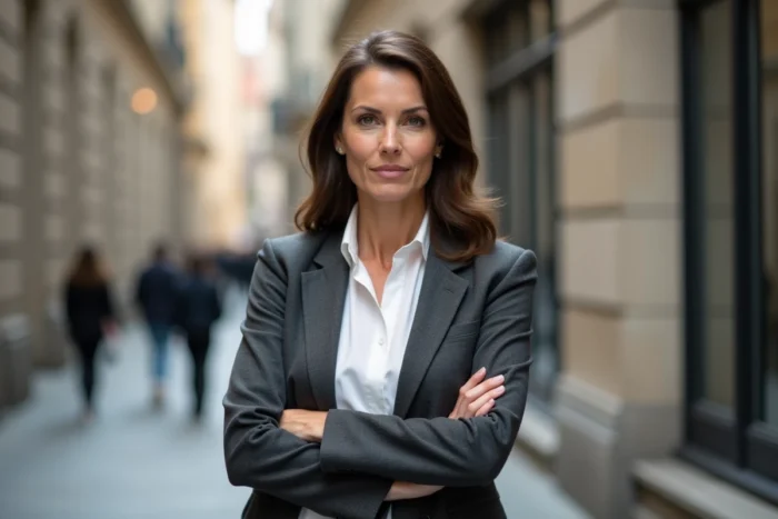 Femme confiante aux traits déterminés en blazer gris dans un cadre urbain, illustrant le caractère fort