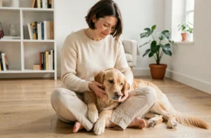 Femme choisissant un chien adapté à son mode de vie dans un appartement scandinave