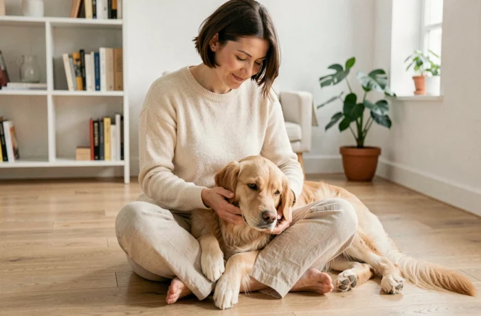 Femme choisissant un chien adapté à son mode de vie dans un appartement scandinave