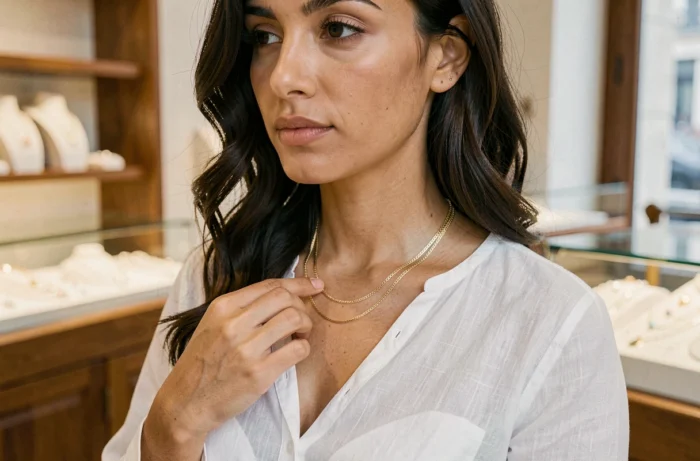Femme élégante portant un collier en or délicat dans une boutique de bijoux parisienne