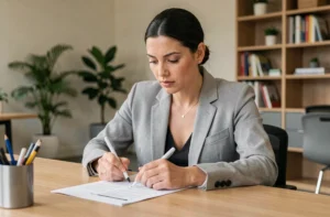 Femme professionnelle consultant une liste classée dans un bureau moderne, illustrant la recherche des meilleures références dans chaque domaine