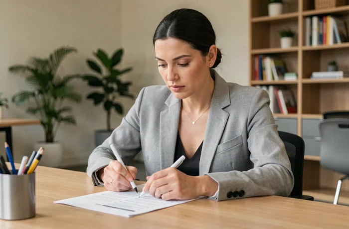 Femme professionnelle consultant une liste classée dans un bureau moderne, illustrant la recherche des meilleures références dans chaque domaine