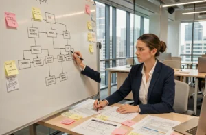 Une femme professionnelle dessine un plan de sitemap hiérarchique sur un tableau blanc dans un bureau moderne, entourée de diagrammes d'architecture de site web
