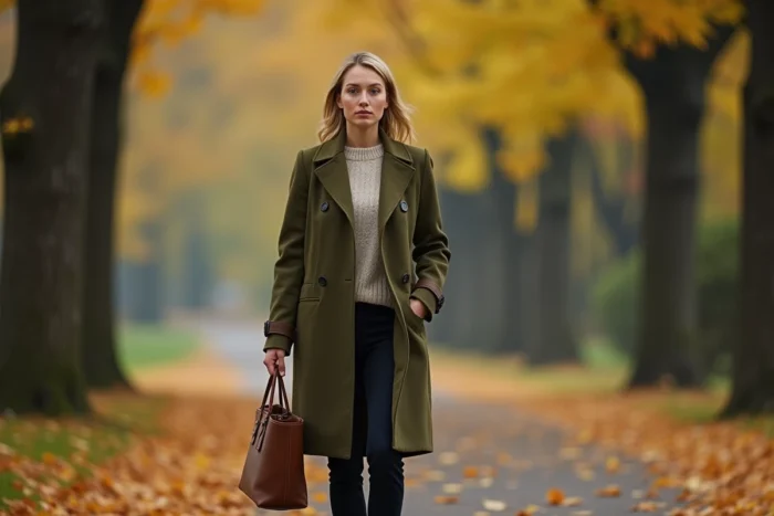 Femme indépendante marchant avec assurance dans un parc en automne, illustrant la détermination et la force de caractère