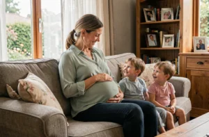 Femme enceinte souriante assise sur un canapé avec ses enfants dans un salon familial chaleureux