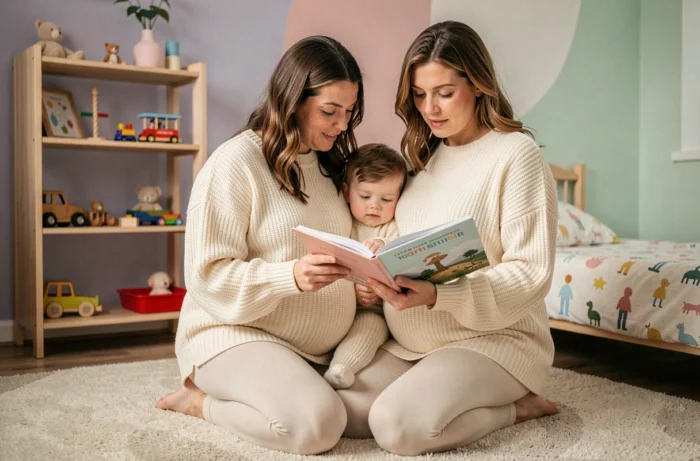Femme enceinte lisant un livre illustré à son enfant dans une chambre d'enfant colorée