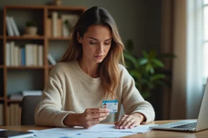 Femme examinant la date de délivrance sur son permis de conduire à son bureau
