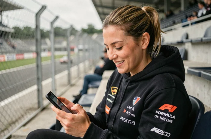 Femme fan de F1 participant au vote Pilote du Jour depuis les tribunes d'un circuit