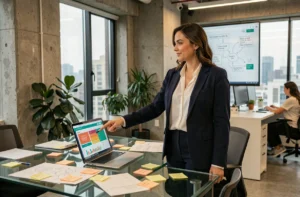 Femme professionnelle dans un espace de co-working moderne entourée de notes et tableaux d'innovation pour 2026