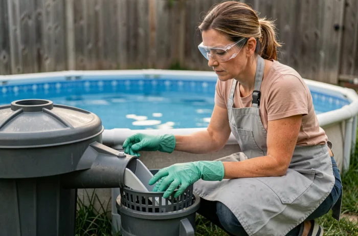 Femme équipée de gants et lunettes de protection inspectant un filtre de piscine hors-sol dans un jardin urbain