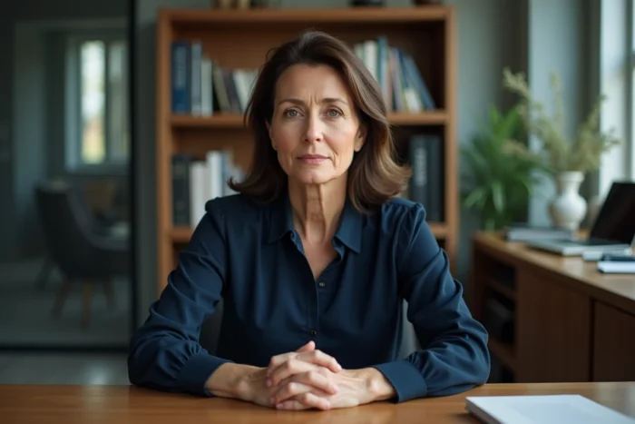 Femme forte et déterminée assise à son bureau dans un bureau moderne, regard direct et posture assurée