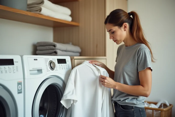 Femme lisant l'étiquette d'entretien d'un vêtement devant son lave-linge