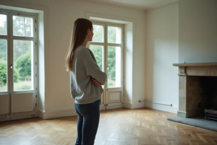 Femme seule dans le salon vide d'une maison en vente pour divorce en Sarthe