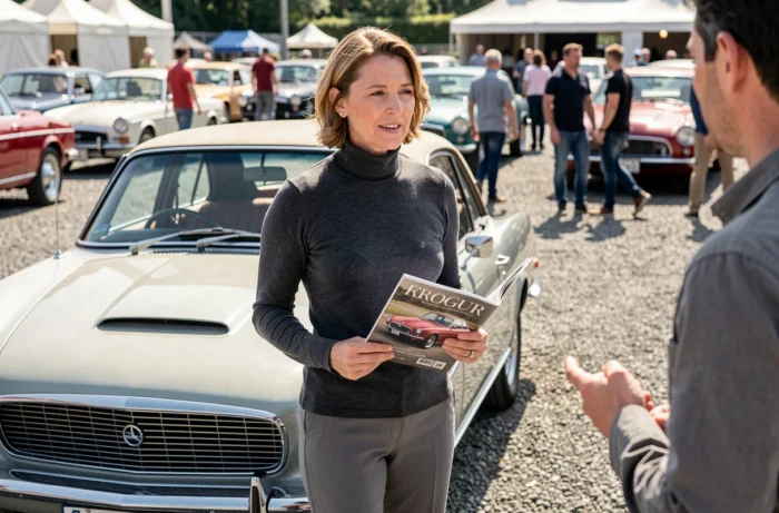 Femme passionnée de voitures anciennes lors d'un salon automobile en plein air