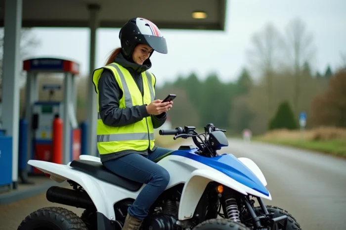 Femme pilote faisant une pause avec son quad 125 homologué à une station-service rurale
