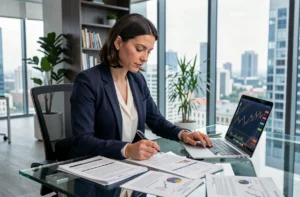 Femme professionnelle analysant des rapports financiers dans un bureau moderne avec graphiques boursiers sur ordinateur