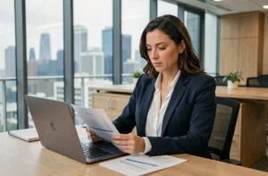 Femme professionnelle analysant des documents financiers dans un bureau moderne en 2024