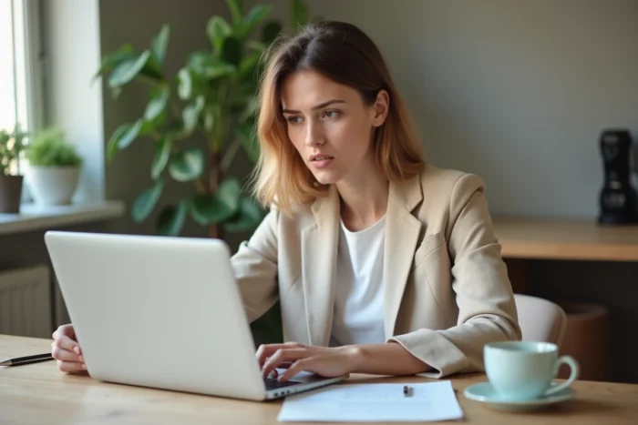 Femme consultant en ligne la liste noire des promoteurs immobiliers français sur un ordinateur portable à la maison