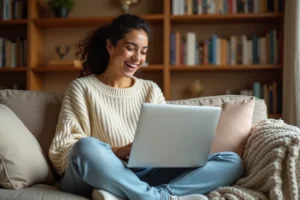 Jeune femme souriante regardant des vidéos divertissantes sur son ordinateur portable dans un salon cosy