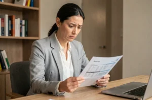 Femme examinant attentivement un relevé bancaire papier pour identifier un paiement CB Imprimerie Nati