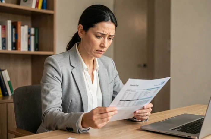 Femme examinant attentivement un relevé bancaire papier pour identifier un paiement CB Imprimerie Nati