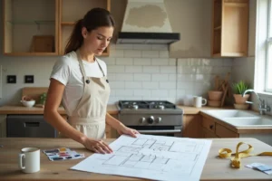 Femme en tablier étudiant des plans de rénovation dans une cuisine en travaux avec des échantillons de peinture