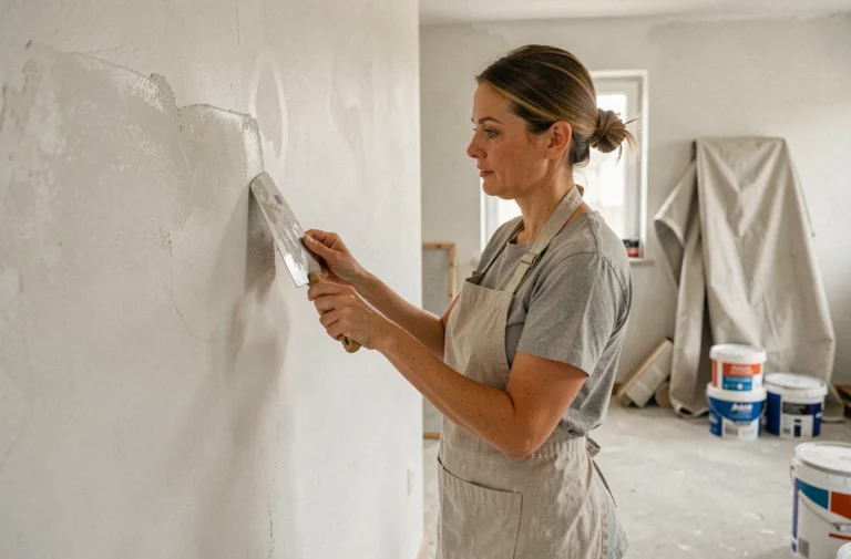 Femme appliquant du plâtre sur un mur lors de travaux de rénovation intérieure