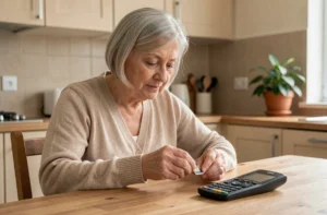 Une femme senior aux cheveux argentés examine une carte SIM pour son téléphone Doro dans une cuisine chaleureuse