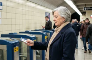 Femme senior utilisant son pass Navigo à tarif réduit dans le métro parisien
