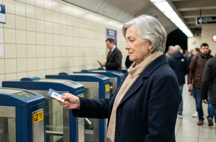 Femme senior utilisant son pass Navigo à tarif réduit dans le métro parisien