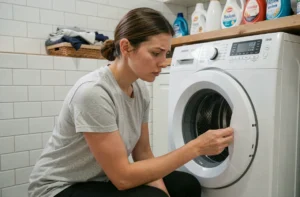 Femme examinant les symboles du panneau de contrôle d'un lave-linge moderne dans une buanderie domestique