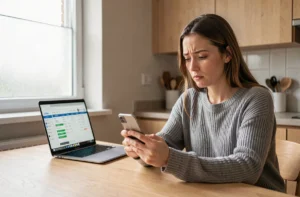 Femme inquiète vérifiant un virement en attente sur son smartphone avec un ordinateur portable ouvert sur une table en bois
