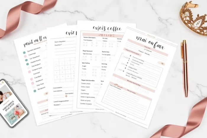 Vue à plat de fiches de jeux EVJF imprimées avec stylo rose gold et tiare sur surface en marbre blanc