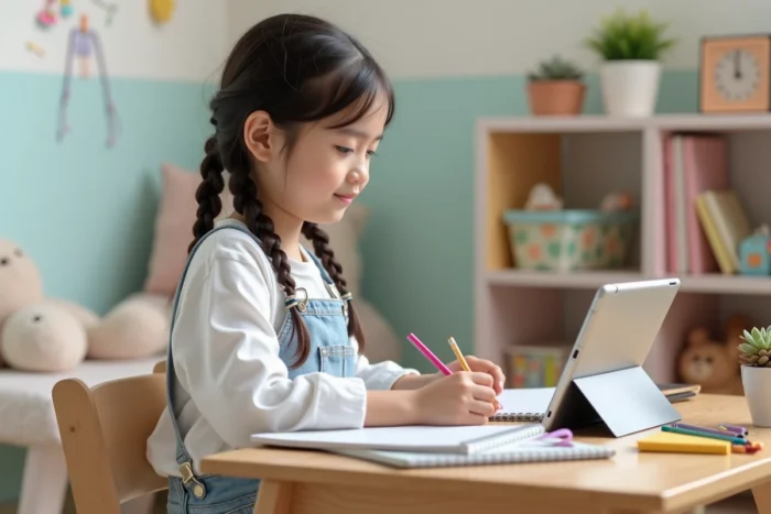 Fillette de 10 ans travaillant sur une tablette Samsung à son bureau dans sa chambre